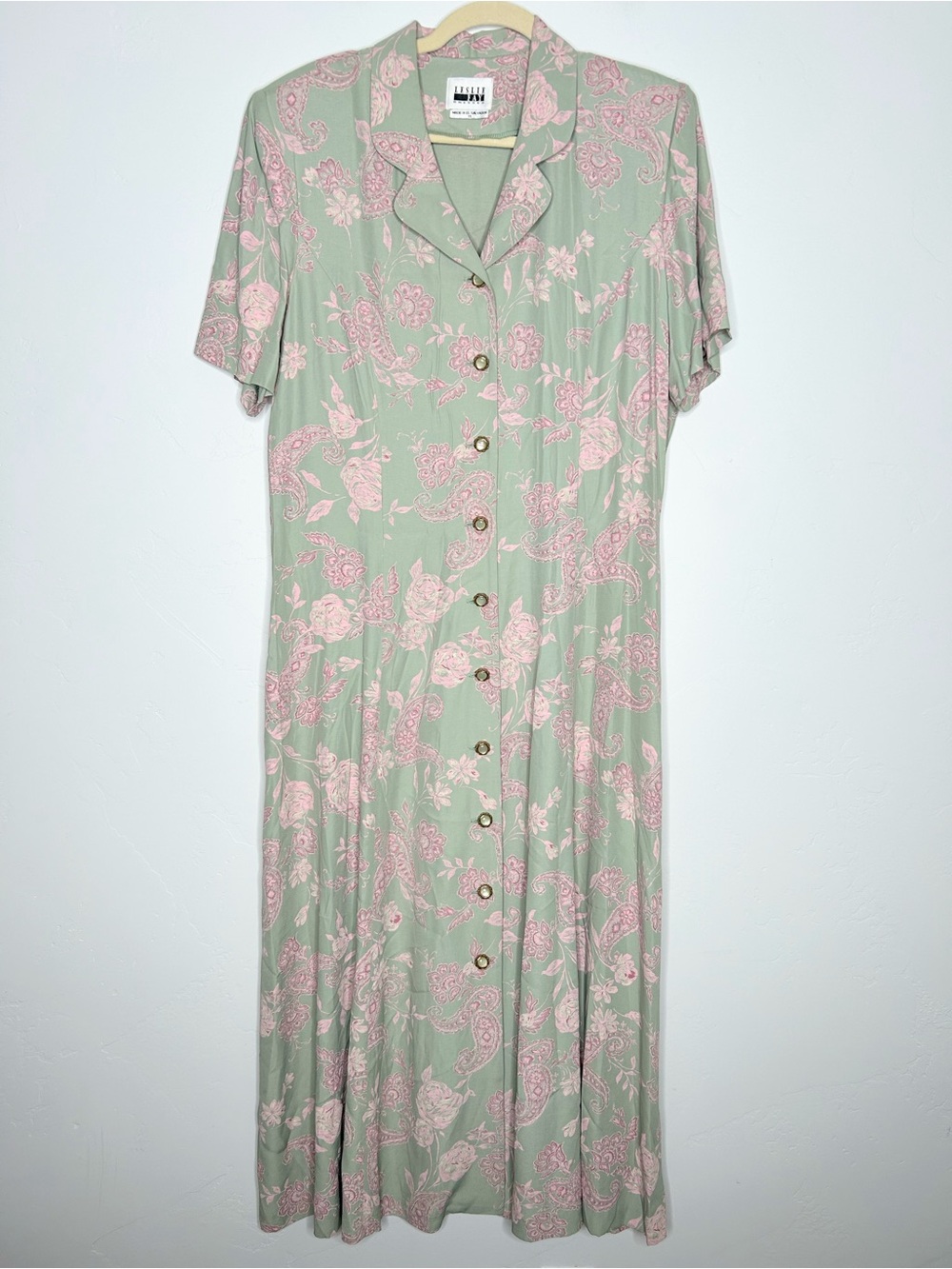 VNTG 90's Leslie Fay Mint Green Maxi Dress Pink Floral Print Button Front SZ 16